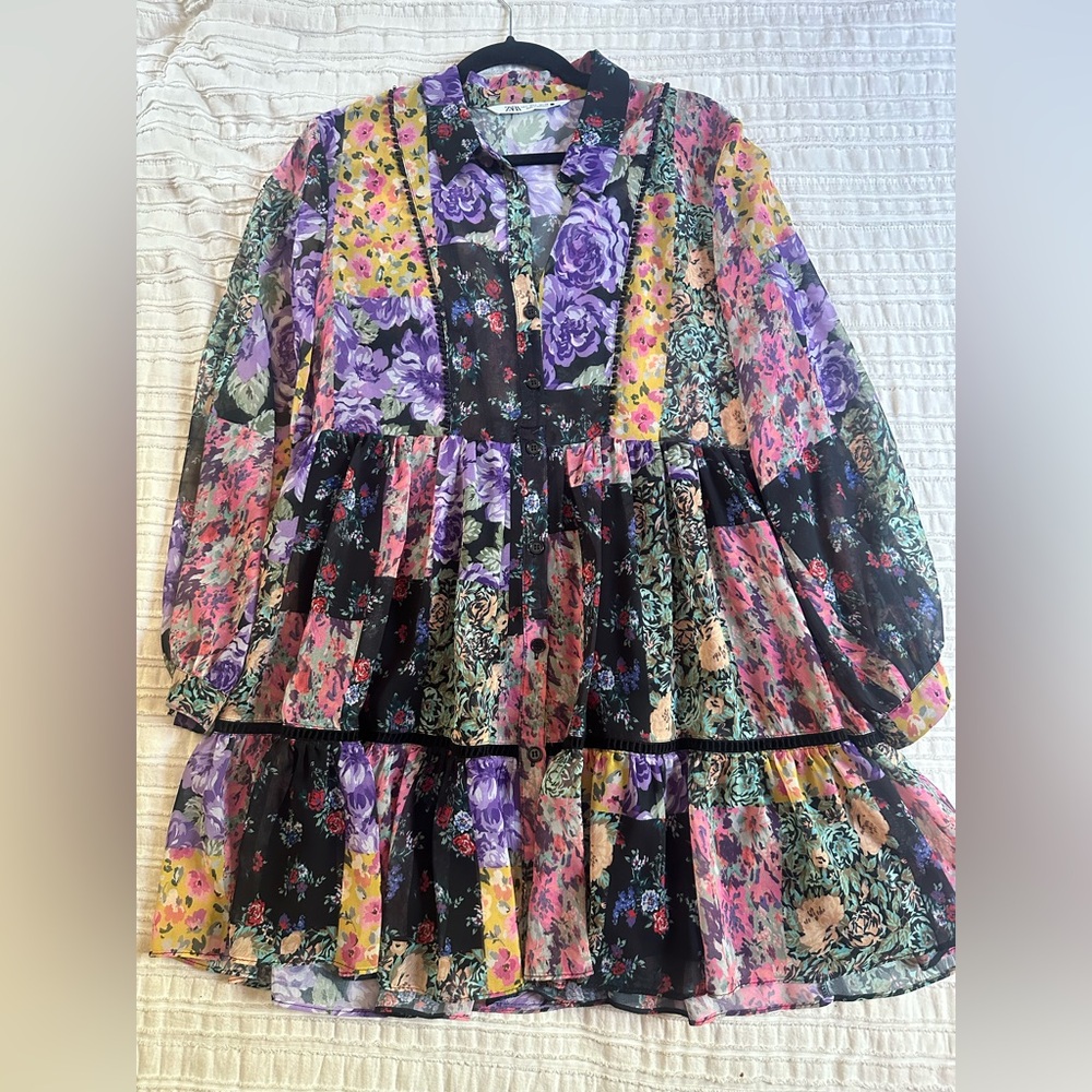 Zara Floral Patchwork Long-Sleeve Mini Dress - Multicolor
